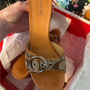 Coach Tan & Brown Signature Logo Slide with Silver Buckle